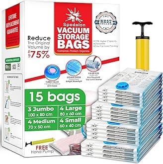 Vacuum Storage Bags - Pack of 15 (3 Jumbo + 4 Large + 4 Medium + 4 Small) ReUsable space savers with free Hand Pump for travel packing. Sealer Bags for Clothes, Duvets, Pillows, Blankets, Curtains