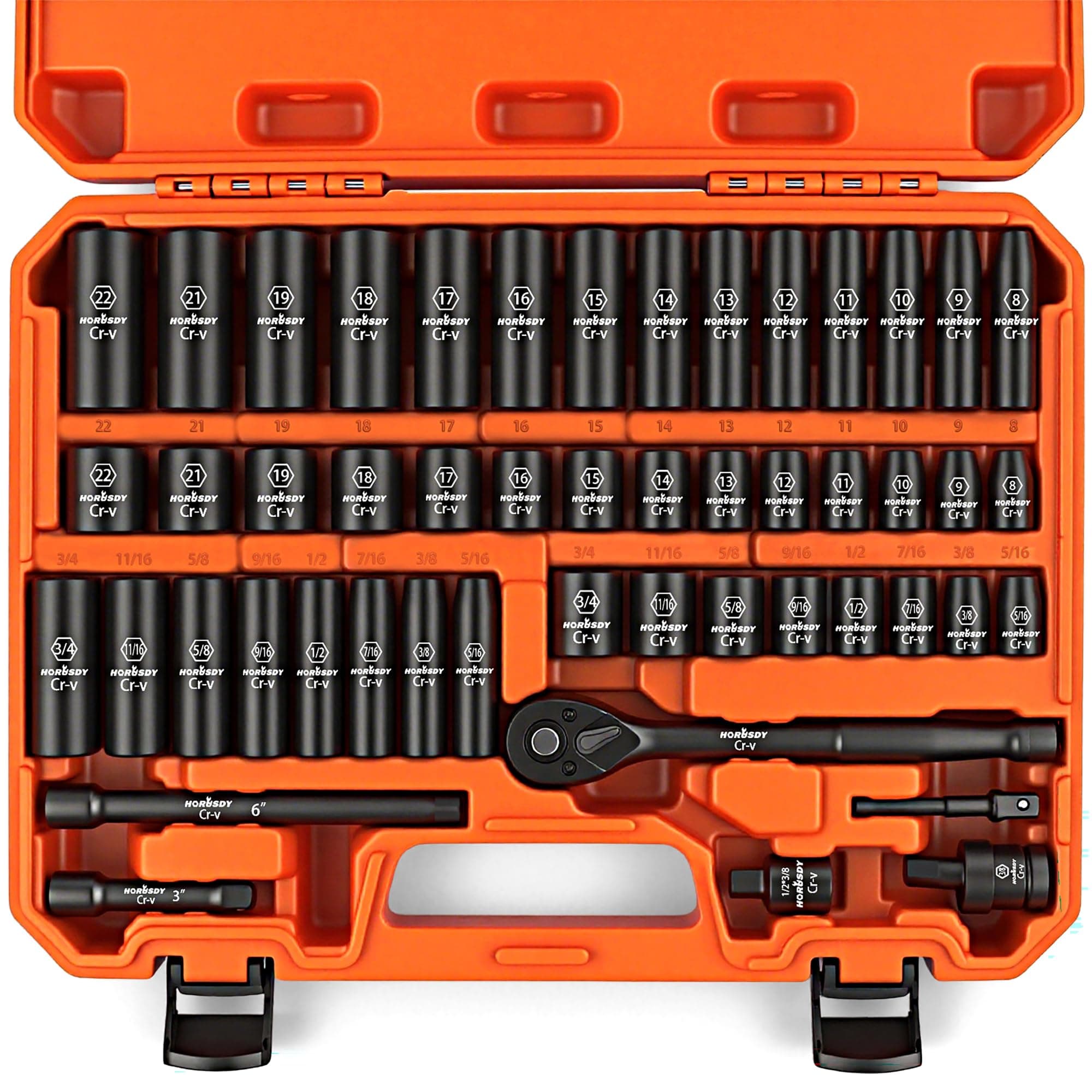 50-Piece 3/8" Drive Impact Socket Set, Standard SAE (5/16 to 3/4 inch) and Metric (8-22mm) Size, 6 Point, Cr-V, 3/8-Inch Drive Ratchet Wrench, Drive Extension Bar, Impact Universal Joint