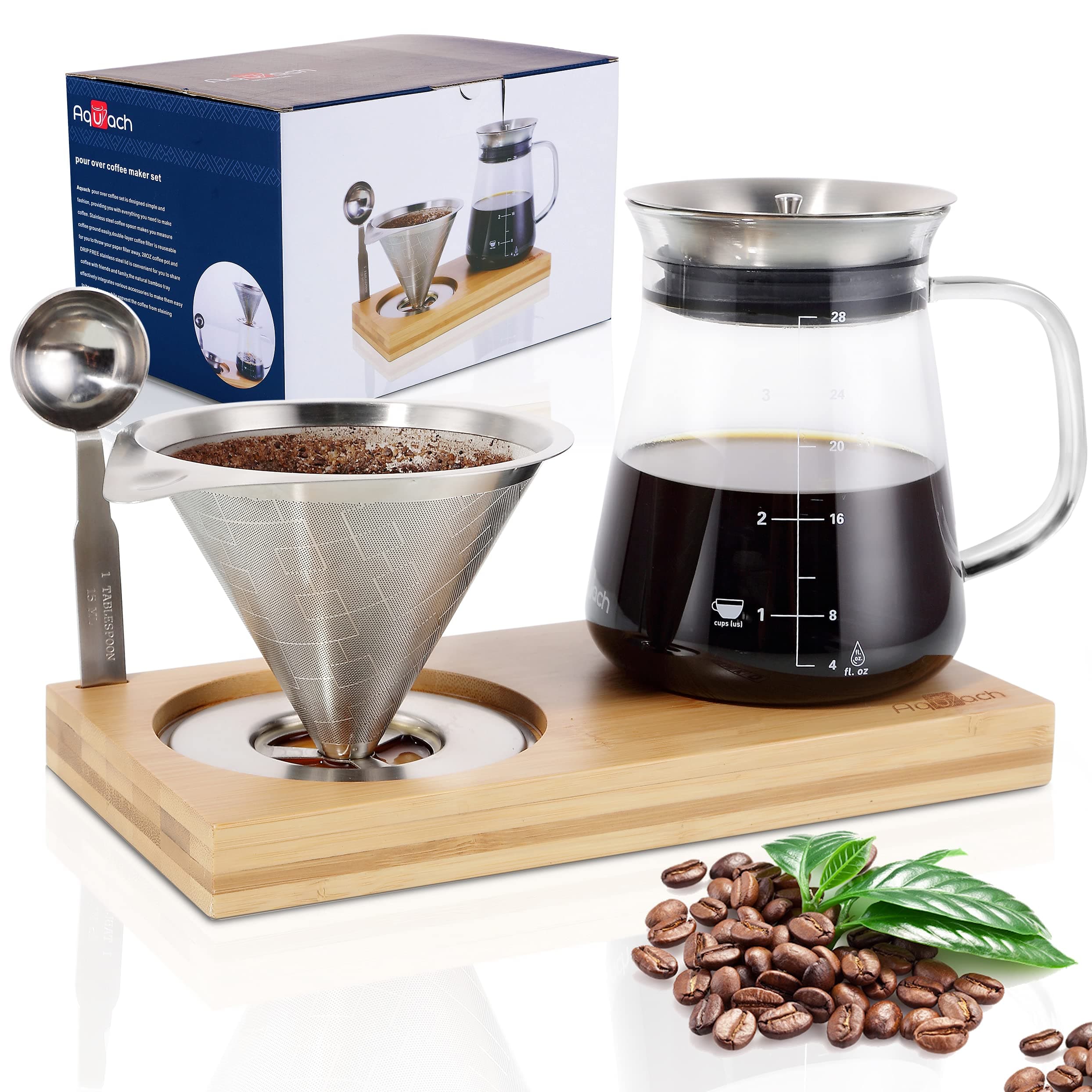 Pour Over Coffee Maker Set with Extra Large Coffee Dripper, 28 oz Glass Carafe, Stainlesss Steel Coffee Scoop and Bamboo Storage Tray, Unique Set for Home or Office
