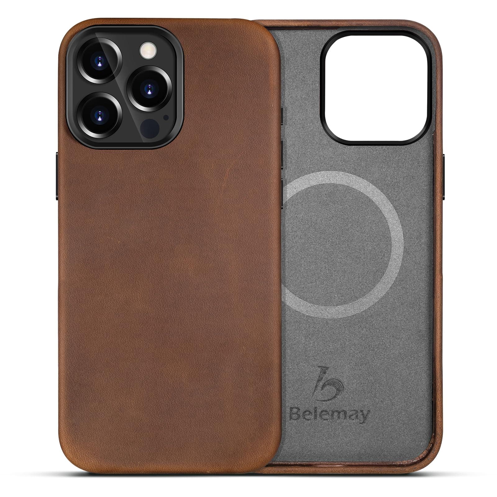 Compatible with iPhone 15 Pro Leather Case Magsafe - Top Grain Vintage Crazy Horse Leather - Metal Buttons & Camera Bezel Bump - Slim Fit & Soft - Premium Phone Cover (6.1-inch) Retro Brown