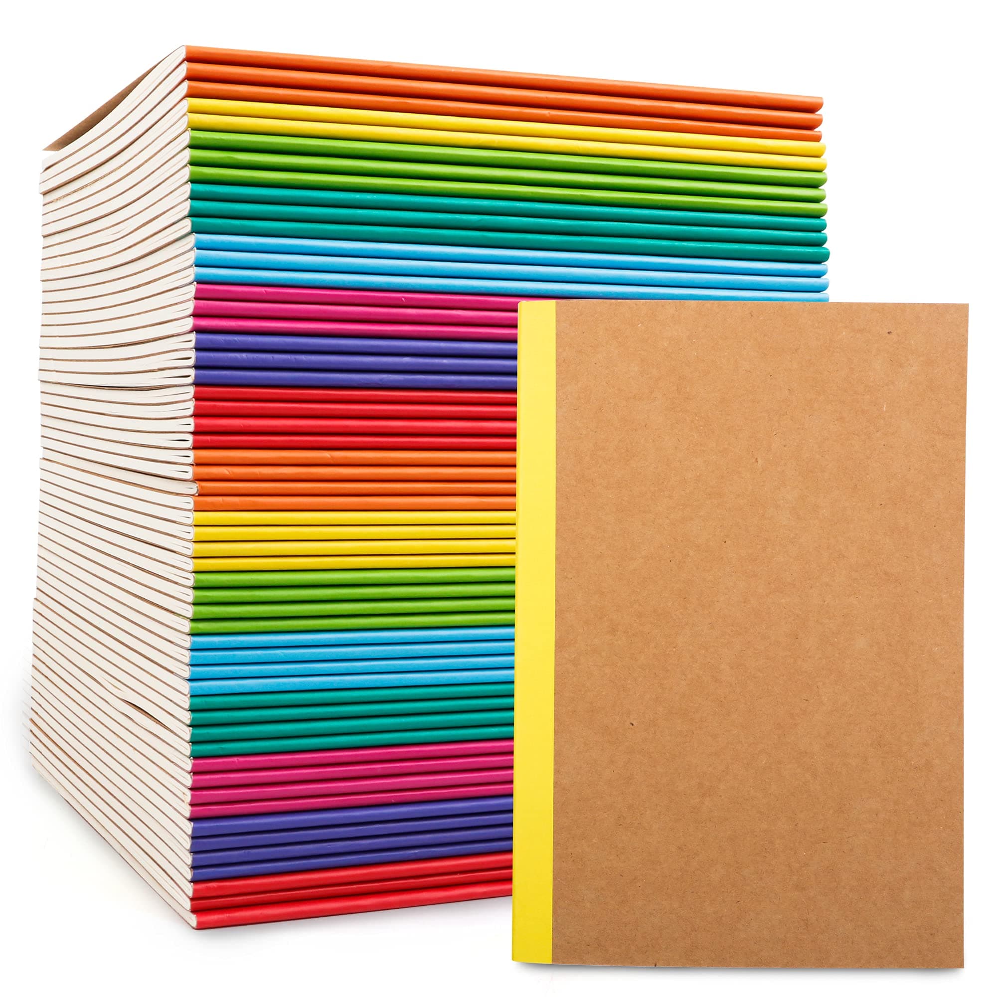 - feela 56 Pack Composition Notebooks Bulk, Kraft Cover Lined Blank College Ruled Composition Travel Journals with Rainbow Spines For Women Students Business, 60 Pages, 8.3”x 5.5”, A5, 8 Colors