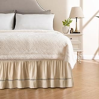 MIYE Wrap Around Ruffled Lace Bed Skirt, Elastic Dust Ruffle with Adjustable Belts, Easy to Put On, Bed Frame Cover, Machine Washable (Ruffled Lace/Beige, Full/Twin-15 Drop)