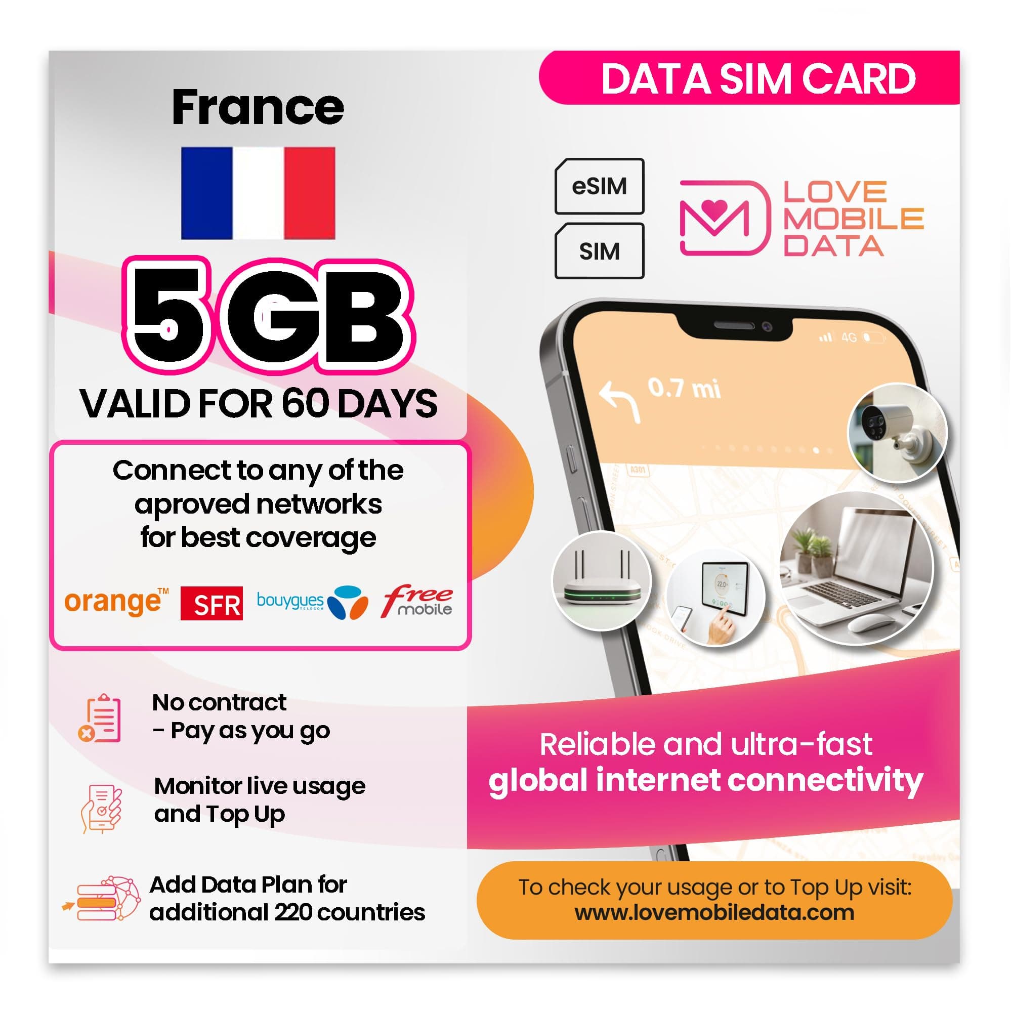 Love Mobile Data Only Sim Card - International Multi-Network 4G/5G Prepaid Pay As You Go Data Sim for Mobile Phones, WiFi Routers, & More, UK (O2, Three & Vodafone) & France - 5GB for 60 Days