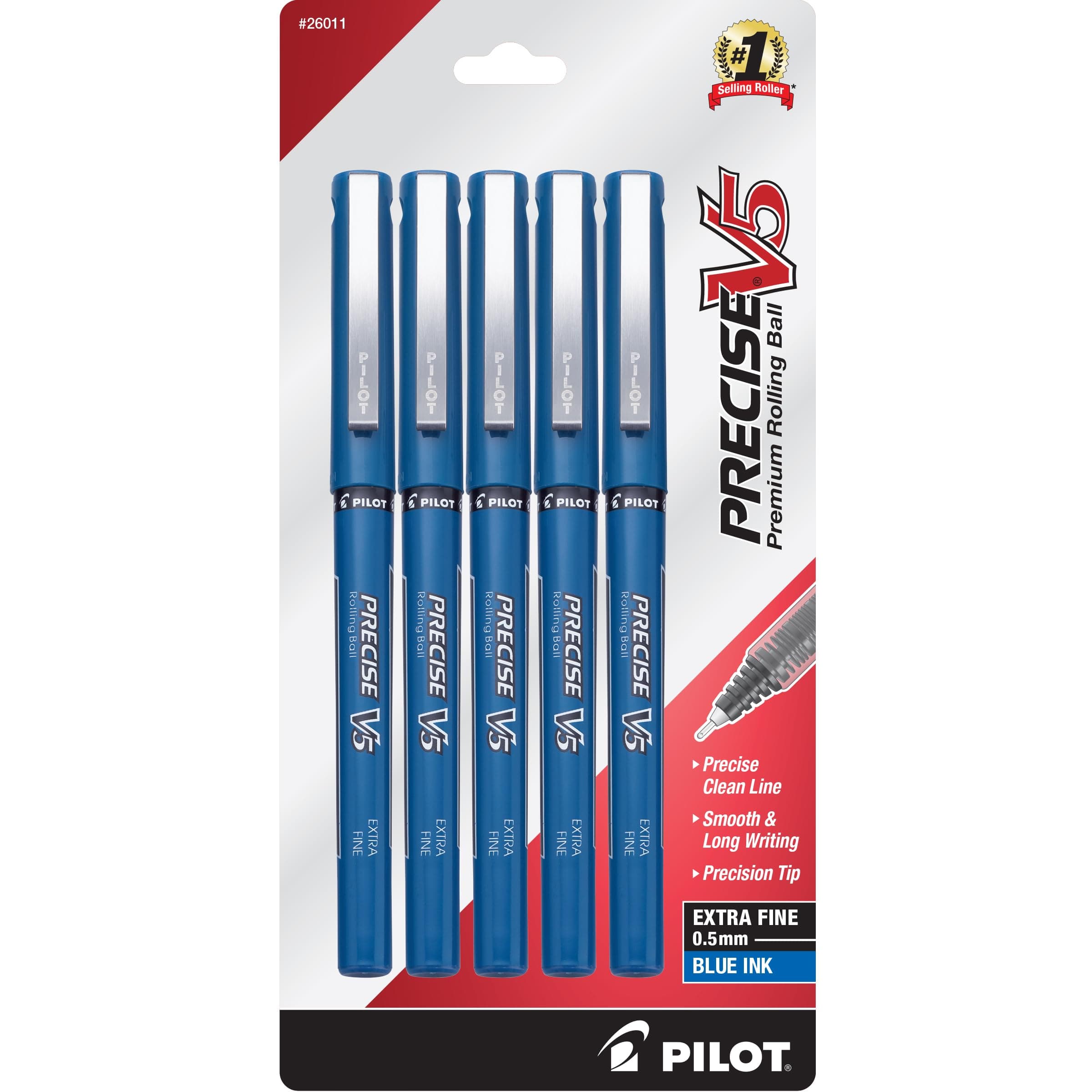 PILOT Precise V5 Stick Liquid Ink Rolling Ball Stick Pens, Extra Fine Point (0.5mm) Blue Ink, 5-Pack (26011)