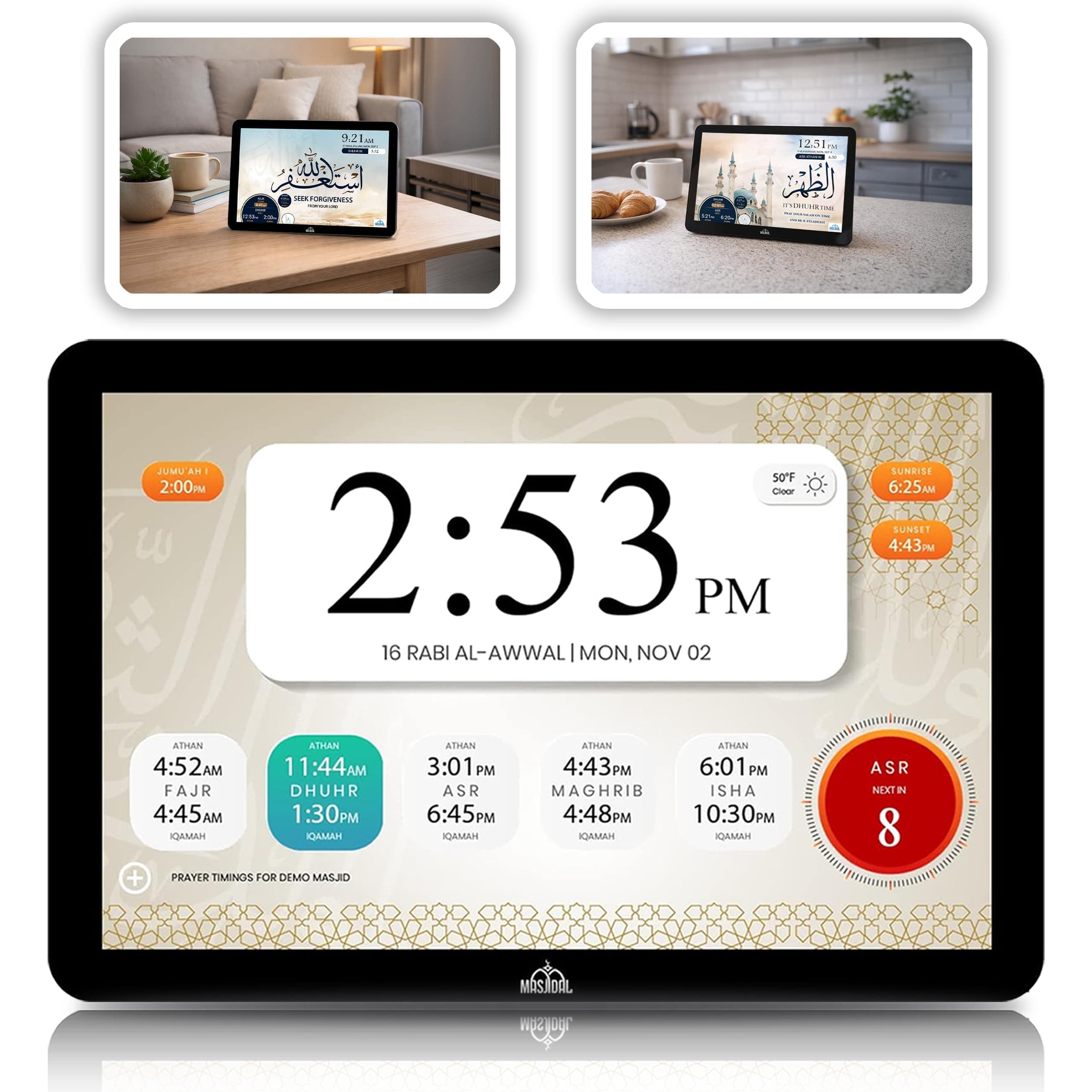 Masjidal 10" Digital Azan Clock with WiFi, Dynamic Touch Screen, Worldwide Prayer Times, Full Quran Player, Islamic Art, Streaming Halal Muslim Content: Duas, Dhikr, Hadith, Surah of The Day, Black