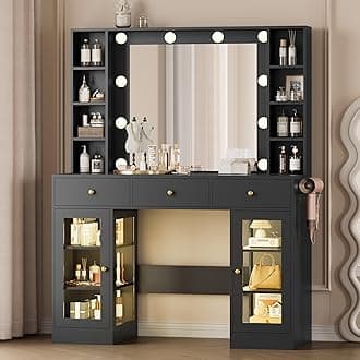 Makeup Vanity Desk with Mirror and Lights, Black Vanity with Glass Top, LED Lights & Power Outlet, 3 Drawers & 2 RGB Glass Cabinets, Adjustable Lighted Dressing Table for Women & Girls Bedroom