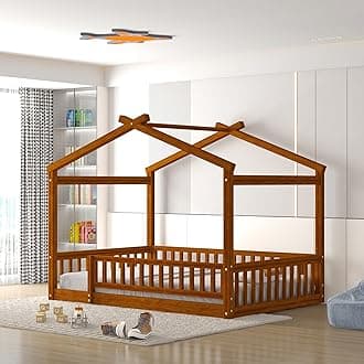 Bellemave Full Size House Bed Frame, House Beds for Kids, Montessori Floor Bed with Fence, Playhouse for Kids, Walnut
