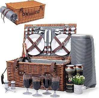 Picnic Basket for 4 Wicker Picnic Set with Large Insulated Cooler Compartment & Waterproof Blanket & Cutlery Service Kit Retro Classic Willow Picnic Hamper Set for Camping Outdoor Party
