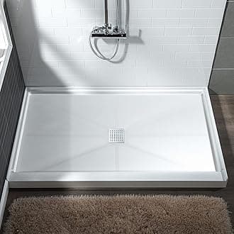 60"L x 34" W x 4"H Shower Base,Center Drain,Non-Slip Single Threshold Shower Pan, Solid Surface with Chrome Linear Drain Cover