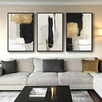Large Framed Black and White Abstract Wall Art for Living Room, 3 Piece Big Canvas Prints Paintings Artwork for Walls, Modern Minimalist Black Gold Pictures for Hallway Office Wall Decor 24x36 Inch