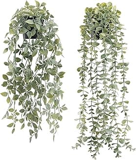 Der Rose 2Pcs Fake Plants Hanging Artificial Decor Faux Potted Eucalyptus and Pea Pod Plants for Boho Bathroom Home Office Desk Wall Shelf Bookcase Accessories Decor Indoor