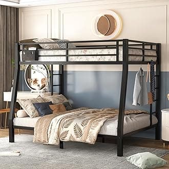 Full XL Over Queen Bunk Bed, Metal Bunk Bed Frame Heavy Duty Bunk Beds Loft Bed Frame with Ladder and Guardrail Metal Slats No Box Spring Required for Adults Teens, Black