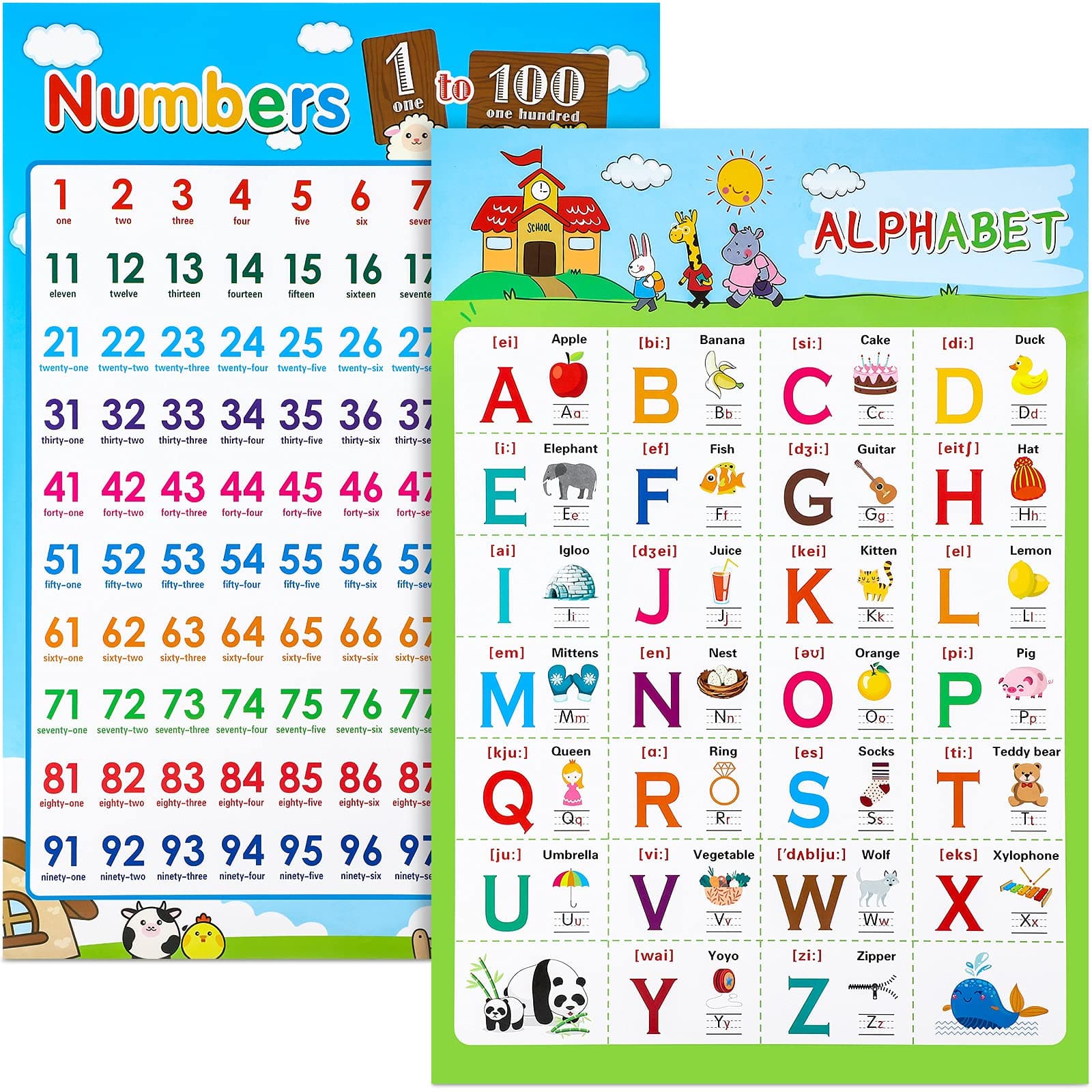 – 2 Pieces Educational Poster Laminated Wall Learning Chart Number and Alphabet Posters for Kids Toddlers Kindergarten Preschool Family Education, Classroom Decoration (Classic Style)