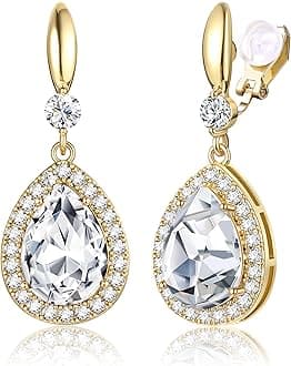Elegant Clip on Earrings for Women Sparkling Teardrop Dangle Clip Earrings Non-Pierced Rhinestone Cubic Zirconia Wedding Prom Jewelry 14K Gold and Silver Tone
