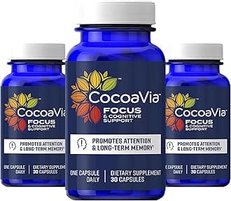 CocoaVia Memory & Focus Brain Supplement, 90 Day, Cocoa Flavanol Blend, Lutein, Added Caffeine for Boost. Improve Cognitive Function, Attention, Vegan & Plant Based, 90 Capsules