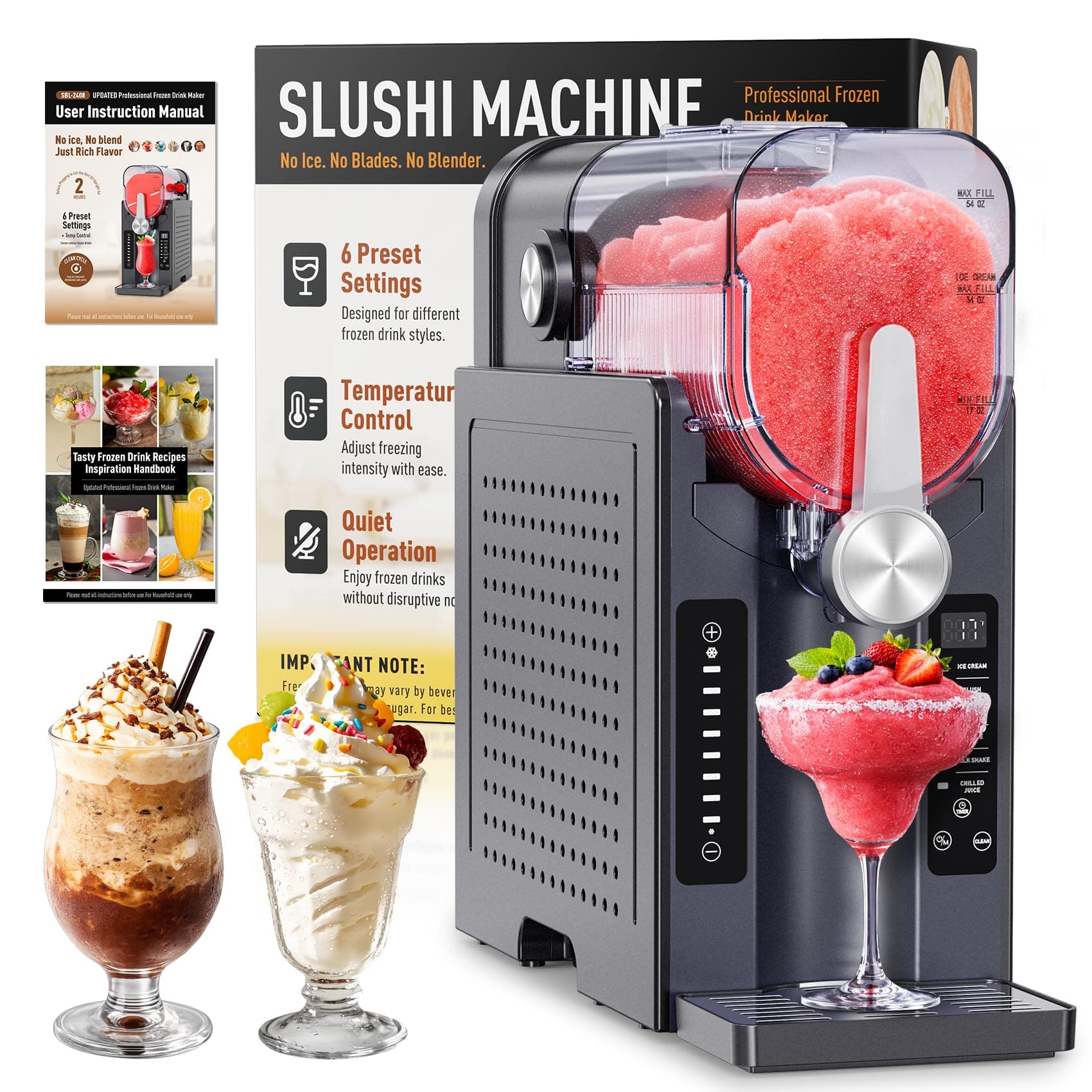 Slushie Machine: No Ice Needed Slushy Machine for Home, 6 Preset, Real-Time Temp Display, Auto-Clean | Frozen Margaritas, Cocktails, Frappés, Ice Cream, Smoothies, Milkshakes,Summer Parties