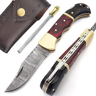 Damascus Pocket Knife for Men - 133 Layer Solid Steel Handmade Folding Hunting Knives with Sharpner and Leather Pouch - Best Knife for Camping Hunting Hiking - Father’s Day Gifts for Men Husband Dad