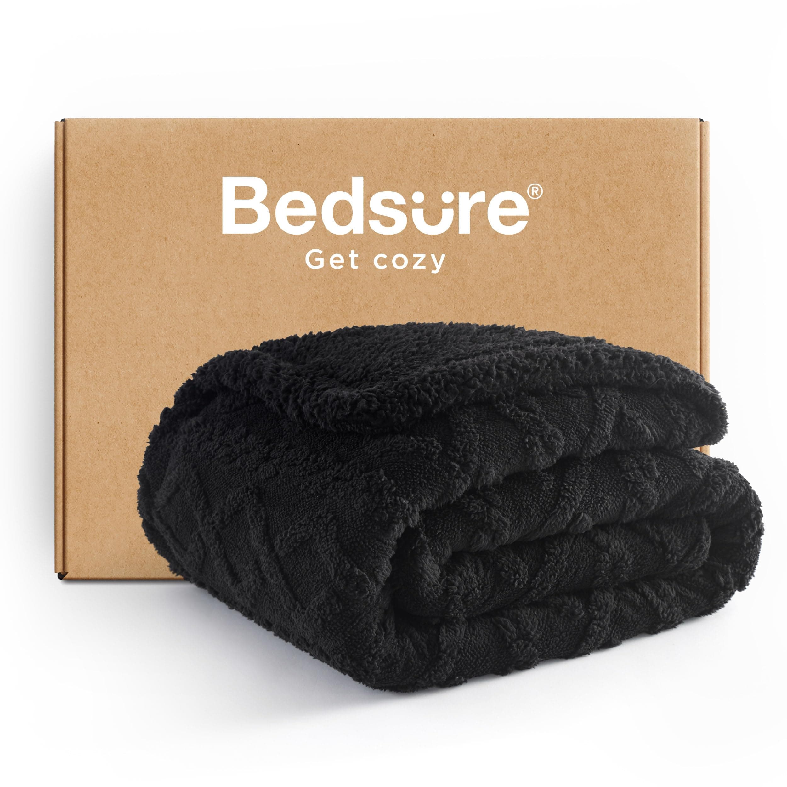 Bedsure Gentlesoft Sherpa Fleece Blanket Twin Size for Bed - Fluffy & Cozy Cable Jacquard Tufted for Women Gift, Thick and Warm Blankets for Winter, Black, 60x80 Inches