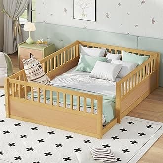 Kids Montessori Floor Bed,Full Size Floor Bed with High Fence and Door,Full Bed Frame with Guardrails for Kids,Girls,Boys,Full,Natural