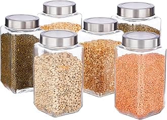 Vency Glass Square Shape Transparent Glass Jars & Glass containers for kitchen Pantry, Snacks, Masala, Pickles, Dry Fruits, Coffee Beans Storage Steel See Through Lid (Set Of 6) (1000ml Steel Cap)