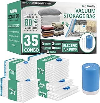 Cozy Essential 35 Pack Vacuum Storage Bags with Electric Pump, Vacuum Seal Space Saver Bags for Clothing, Pillows, Blanket, Bedding, Comforters