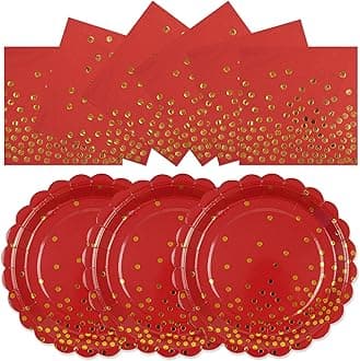 50PCS Red Paper Plates and Napkins Set - Red and Gold Dot Disposable Party Plates Dinnerware Party Supplies Decorations for Birthdays, Christmas, Engagement and Weddings