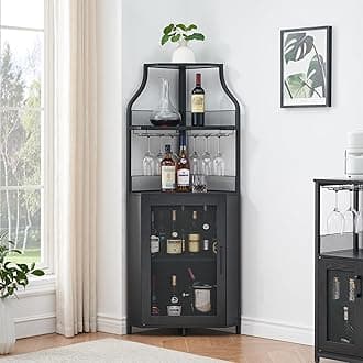 Corner Wine Cabinet with Detachable Wine Rack, 5-Tier Industrial Corner Bar Cabinet with Barn Door and Glass Holder, Farmhouse Buffet Cabinet and Home Bar, Black