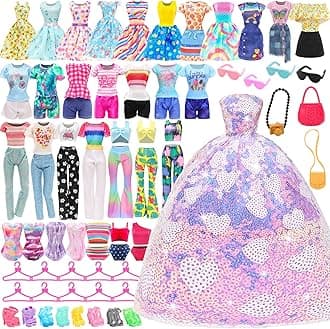 37 Pcs Doll Clothes and Accessories for 11.5 Inch Girl Dolls Including 1Sequin Wedding Gown, 5 Tops 5 Pants, 4 Fashion Dresses, 2 Swimwear, 10 Hangers, 5 Pairs of Shoes, Bags, Glasses, Camera