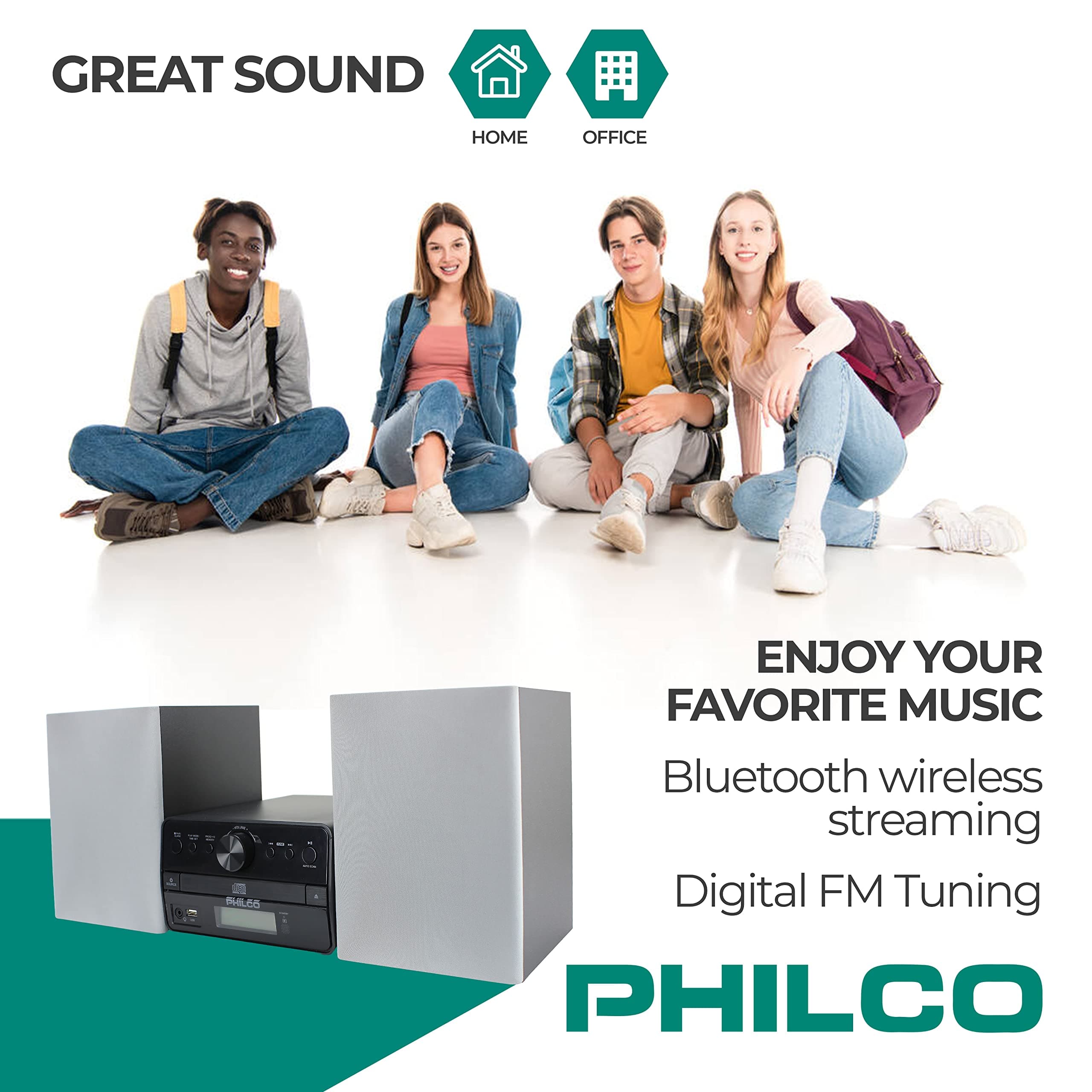 Philco Stereo Shelf Systems Tray Loading CD Player with Digital FM Radio, Bluetooth Streaming, Remote Control in Silver | LCD Display | 3.5mm Headphone Jack | MP3 & AUX Port Compatible | USB Input