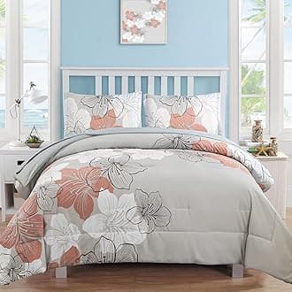 Floral Comforter Set Queen Size, Blush Pink Floral Pattern Printed on Light Grey, Soft Microfiber 7 Pieces Bed in a Bag (1 Comforter, 2 Pillow Shams, 1 Flat Sheet, 1 Fitted Sheet, 2 Pillowcases)