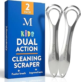Mouthology Tongue Scraper for Kids (2 Pack), Stainless Steel Tongue Cleaner (Reduce Bad Breath), Metal Tongue Scrubber for Children, Improve Oral Health