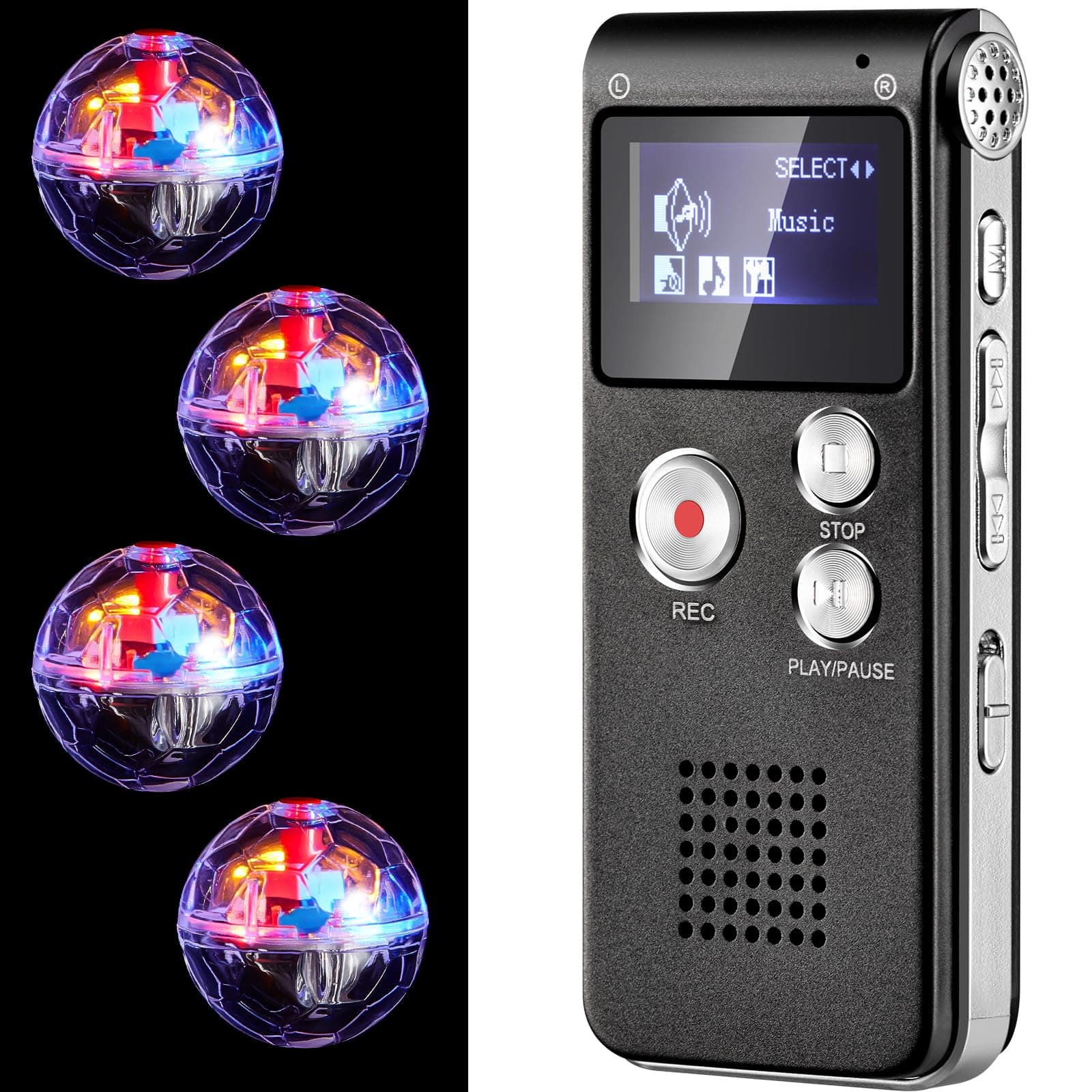5 Piece Ghost Hunting Kit Includes Digital Voice Recorders with 4 LED Balls for Cats Motion Activated Ball Toy Voice Recorder with Playback (8GB, Classic Style)