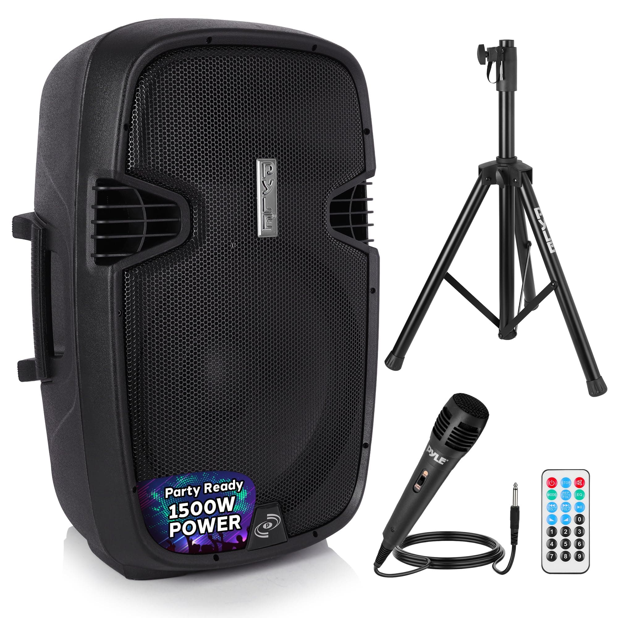 Portable PA Speaker System - 1500W Active Bluetooth Loudspeaker w/ 15" Subwoofer for Powerful Bass, Clear Sound - USB/SD/MP3/RCA/XLR Inputs - Includes Stand, Wired Microphone, Remote (Black)