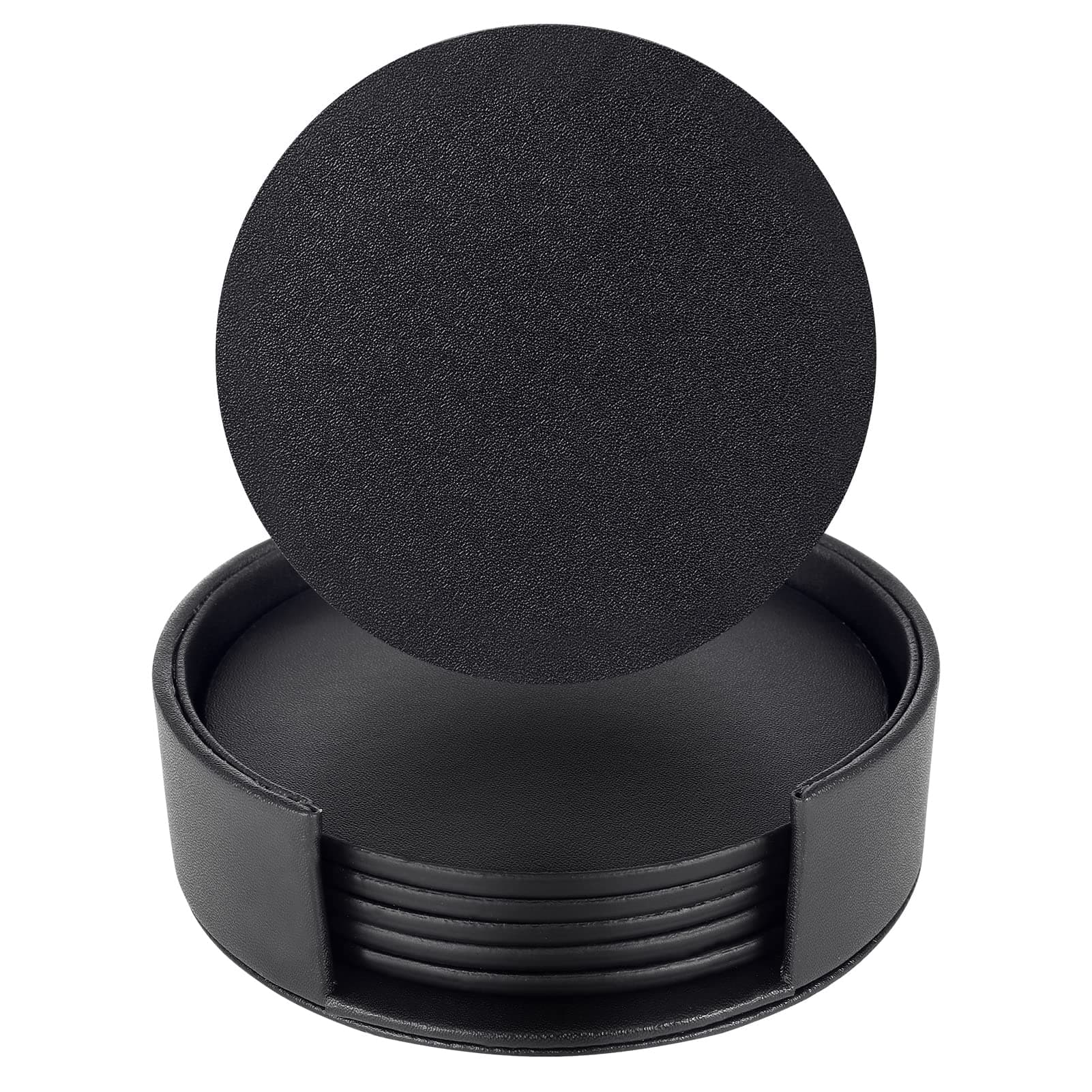 Coasters Set of 6 Black Coasters with Holder Black Round Drink Coaster PU Leather Cup Mats for Coffee Beer Tea Mug Wine Pub Home Office Bars