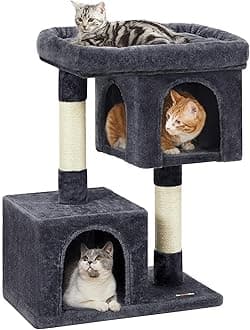 Feandrea Cat Tree, 33.1-Inch Cat Tower, Plush Condo for Large Cats up to 16 lb, Large Perch, 2 Caves, Scratching Post, Smoky Gray UPCT61G