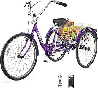 1 Speed Adult Tricycle, 3 Wheel Bikes with Large Basket, Cruiser Bike for Women/Men/Seniors, Adult Trike for Outdoor/Shopping/Recreation/Picnic(24Inch Purple)