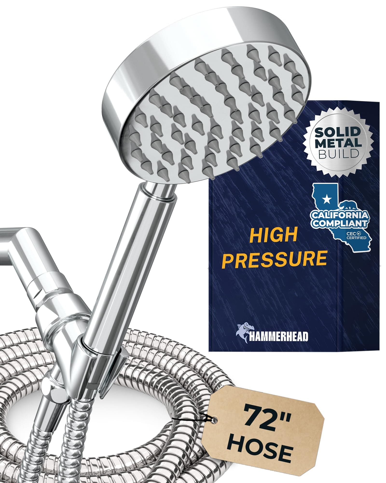 HammerHead Showers® Solid Metal LOW FLOW Handheld Shower Head with Hose and Brass Holder - CHROME – Water Saving 1.75 GPM Detachable Shower Head - Adjustable Shower Wand Bracket & 6ft Hose
