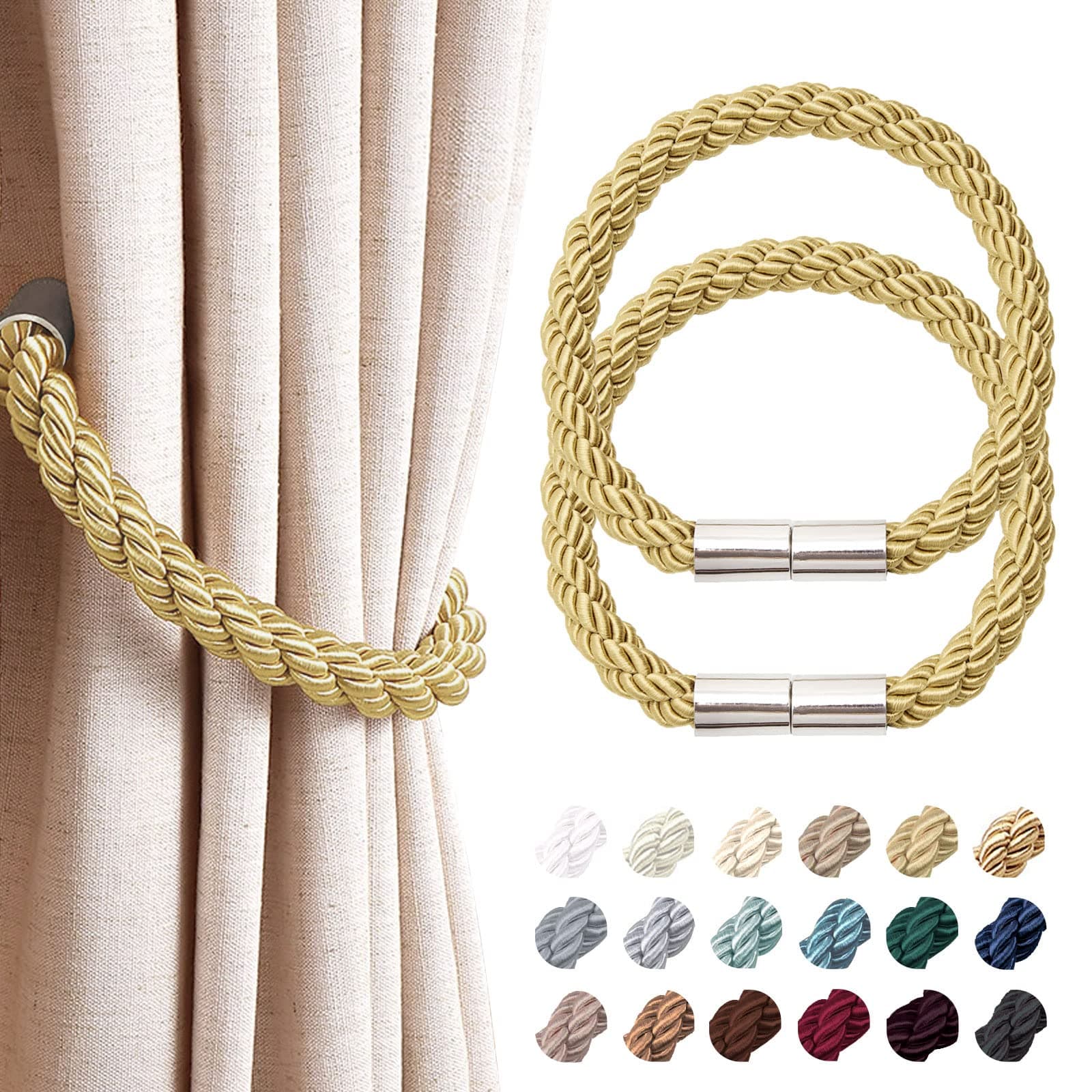 NICEEC 2 Pack Strong Magnetic Curtain Tiebacks Modern Simple Style Drape Tie Backs Convenient Decorative Weave Rope Curtain Holdbacks for Thin or Thick Home & Office Window Draperies (Gold)