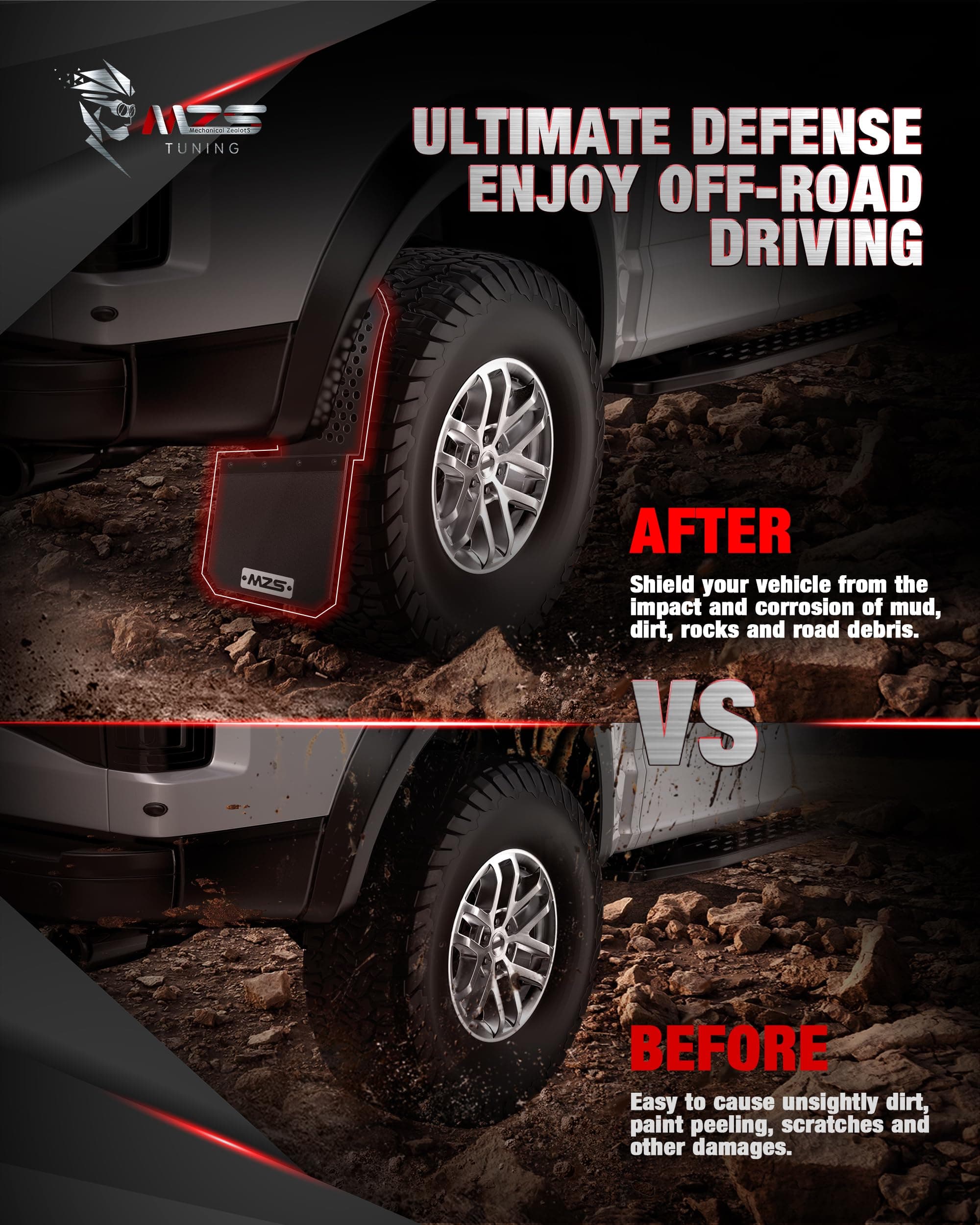 MZS Mud Flaps Splash Guards Compatible with Truck Pickup SUV Car Off-Road Vehicles, Universal Offset Fender Mudflaps Mudguards Sediment/Dirt/Debris Protection for Front or Rear, Pack of 2