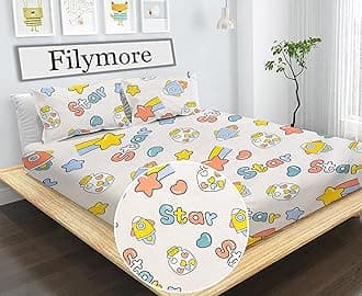 Filymore Space Bedsheet Made with Microfiber Wrinkle Free Soft Hypoallergenic with Tc 240 | Cartoon Printed Double Bed Queen/King Size for Kids (90x90 Inches/Boys Girls Room)(Cream)