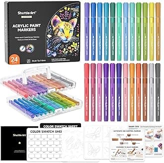 Acrylic Markers, Set of 24 Colors, Linear Liquid Type, Metallic Color, Acrylic Pen, Brush Tip, Water Based Paint Marker, Color Pen, Metallic Color, Waterproof, Quick Drying, Water