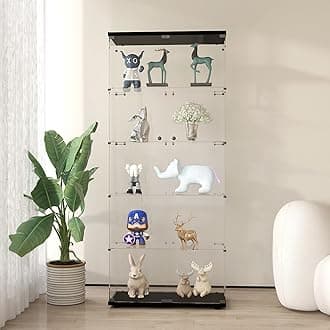 Frameless Glass Display Cabinet, Curio Cabinet with Lock and 2 Doors, Quick-Install Floor Standing Large Showcase Display Shelf for Collectibles, Legos, Figures, Plants