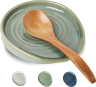 Ceramic Spoon Rest for Stove Top, Spoon Holder for Kitchen Counter, Farmhouse Cooking Utensil Holder for Spoons, Ladles, Spatula, Glazed Green