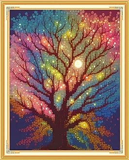Findvoor Stamped Cross Stitch Kits for Beginners Full Range of Cross Stitching Embroidery Pattern for Adults, 11CT DIY Needlepoint Embroidery Starter Kits-Moonlight Tree 15.7x19.7 inch