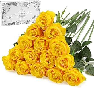 Yellow Fake Roses Artificial Flowers - 16 Pcs Fake Artificial Roses Silk Flowers with Stems for Home Wedding Hotel Office Centerpiece Decor