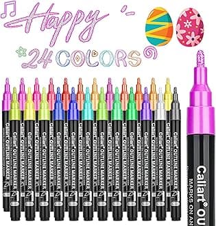 Caliart 24 Colors Outline Glitter Markers, Shimmer Metallic Pens Stocking Stuffers Christmas Gifts Trendy Stuff, Cool Fun Craft Drawing Arts Supplies Set