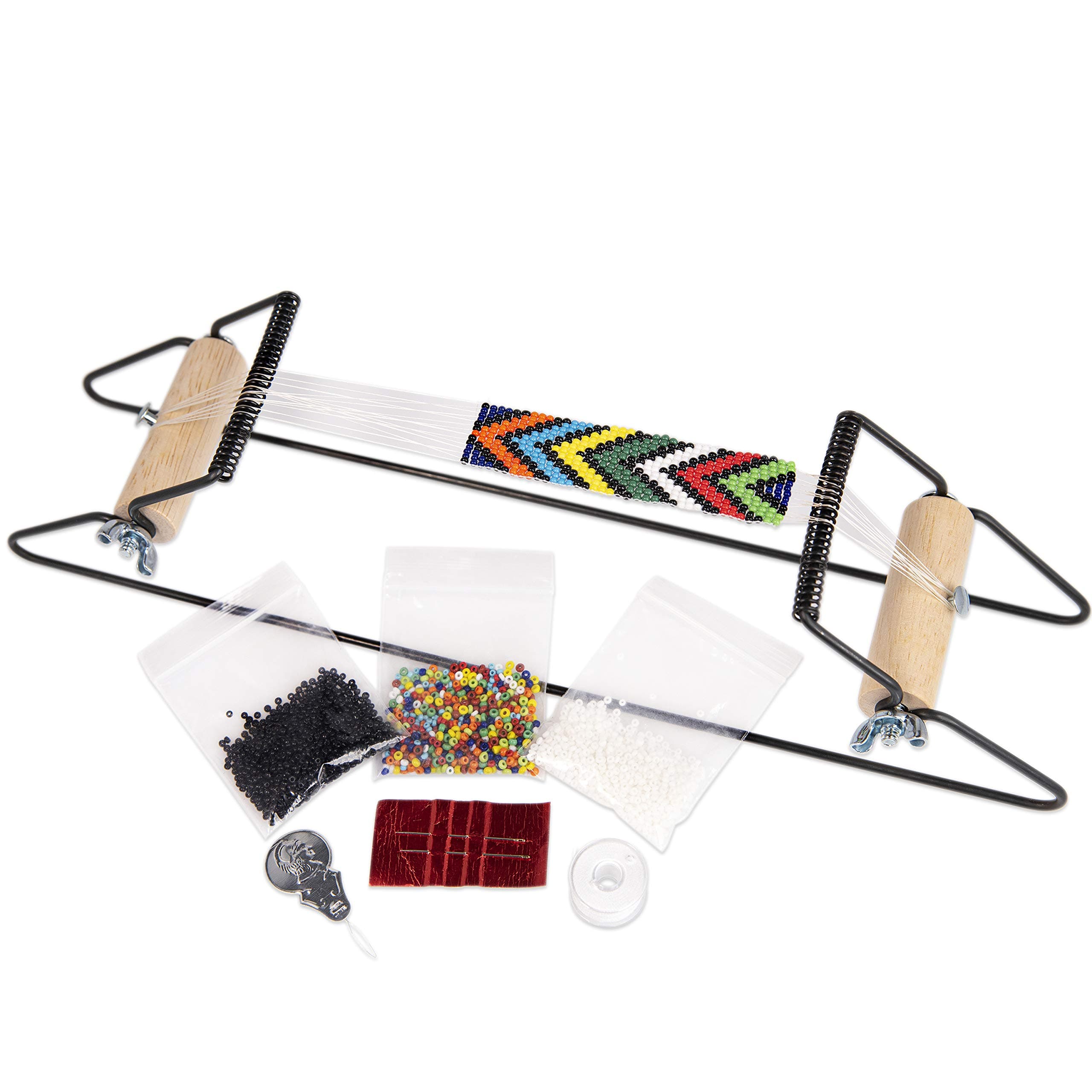Metal Bead Loom Kit, Includes Loom (12.5" X 2.5" X 3"), Thread, Needles, And 18 Grams Glass Beads For Bracelets, Necklaces, Belts, And More