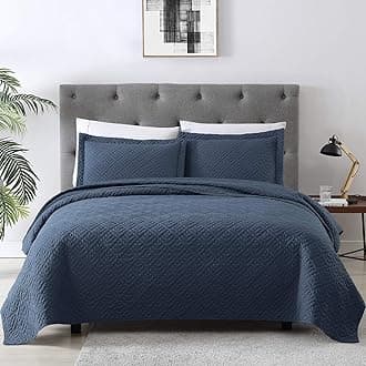 EXQ Home Quilt Set Full Queen Size Navy 3 Piece,Lightweight Microfiber Coverlet Modern Style Squares Pattern Bedspread Set