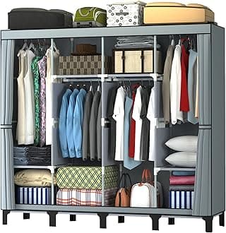 LOEFME Canvas Wardrobe, Four-column Portable Wardrobes for Bedroom, 165 * 45 * 175 cm New Base Design Fabric Wardrobe, 16mm Steel Tube Storage Space Foldable wardrobe (Grey-4)