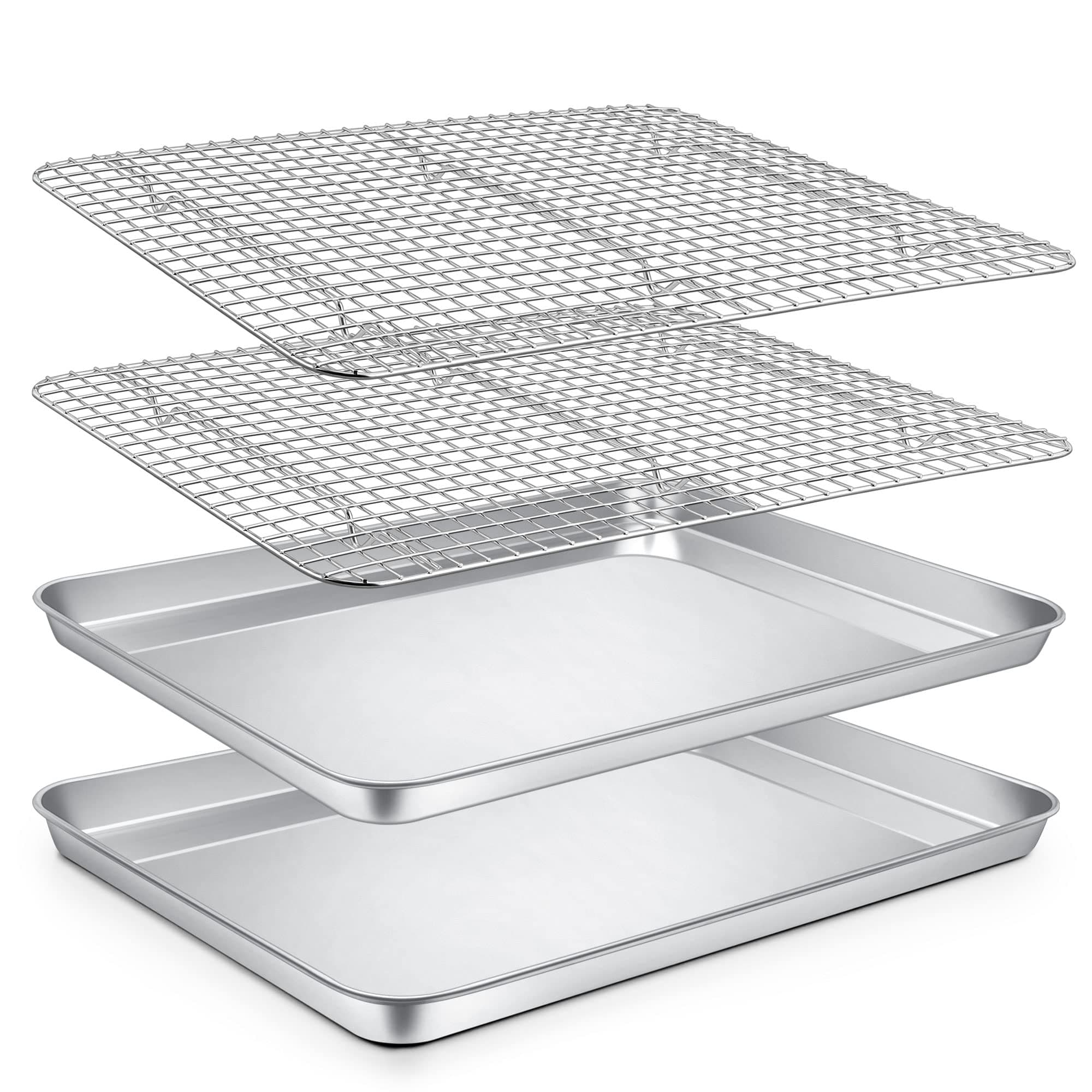 P&P CHEFBaking Sheets and Racks Set (2 Pans + 2 Racks), Stainless Steel Baking Sheet Oven Tray and Cooling Grid Rack for Cookies Meats, Size 16 x 12 x 1 Inch, Oven & Dishwasher Safe